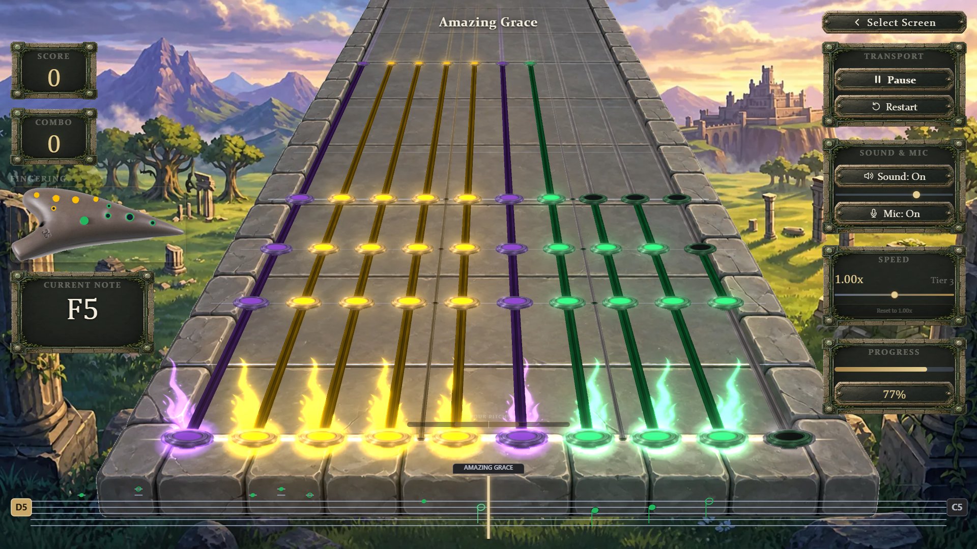 Gameplay in the Kingdom theme: glowing fingering patterns travel down a stone road toward the ocarina, a castle on the hills, the sheet music for Amazing Grace scrolling along the bottom