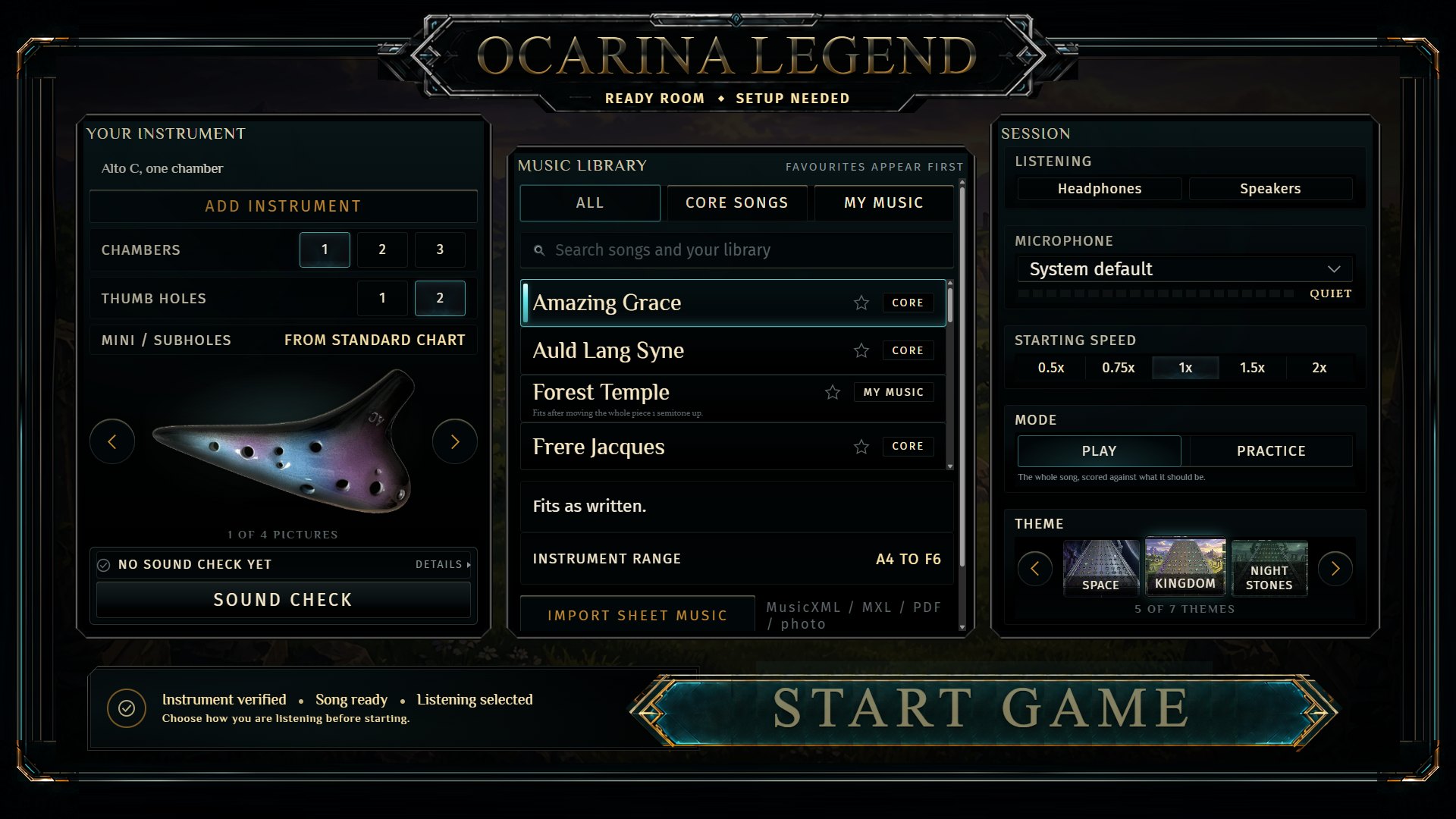 The Ready Room: pick your ocarina on the left, a song from the library in the middle, and your theme on the right